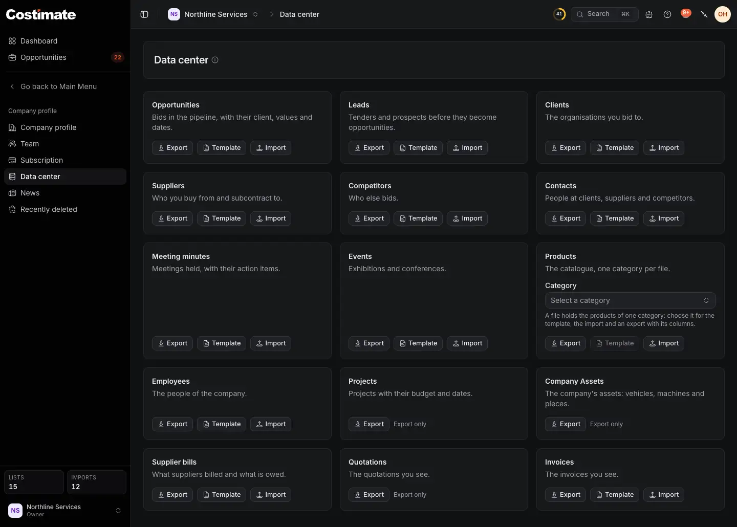 The Data center: a card for each kind of record with Export, Template and Import, the products by category, and the lists that are exported only.