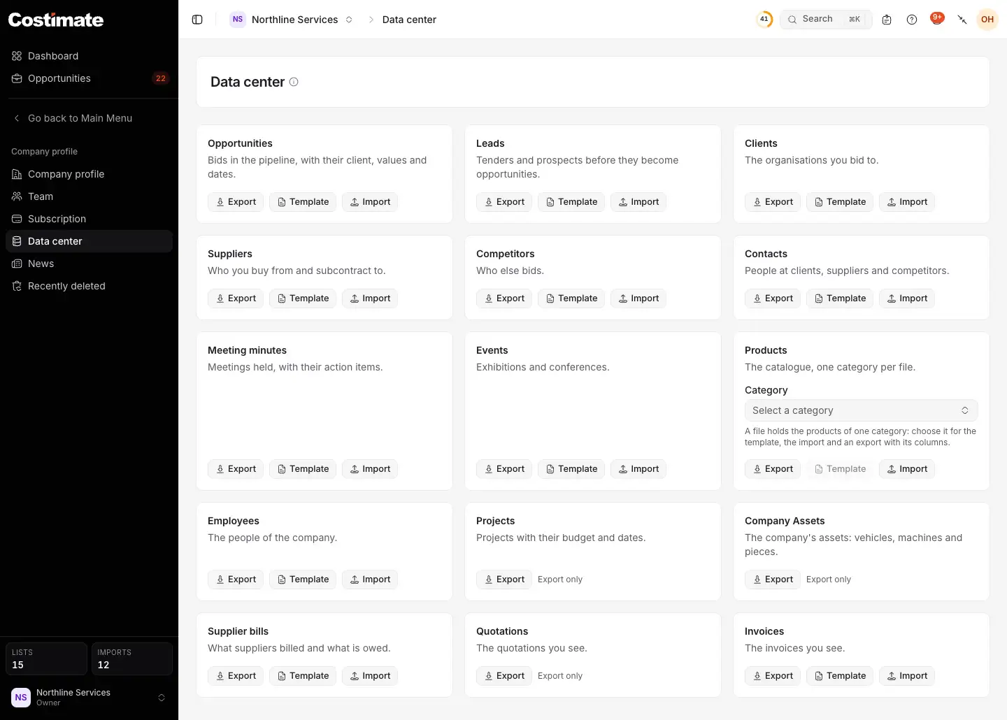 The Data center: a card for each kind of record with Export, Template and Import, the products by category, and the lists that are exported only.