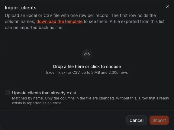 The dialog Import clients: the template to download, the place for the file, Update clients that already exist, and Import.