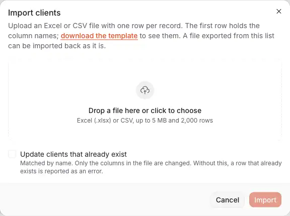 The dialog Import clients: the template to download, the place for the file, Update clients that already exist, and Import.