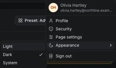 The account menu open on Appearance: Light, Dark and System, under Profile, Security and Page settings.