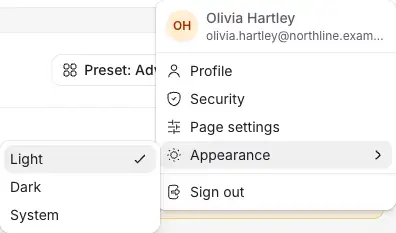 The account menu open on Appearance: Light, Dark and System, under Profile, Security and Page settings.