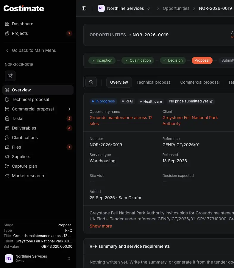 An opportunity's page, with the menu narrowed to it: the pinned items, Go back to Main Menu, its number, its actions, its tabs as pages and its figures at the foot; the top bar says where you are.