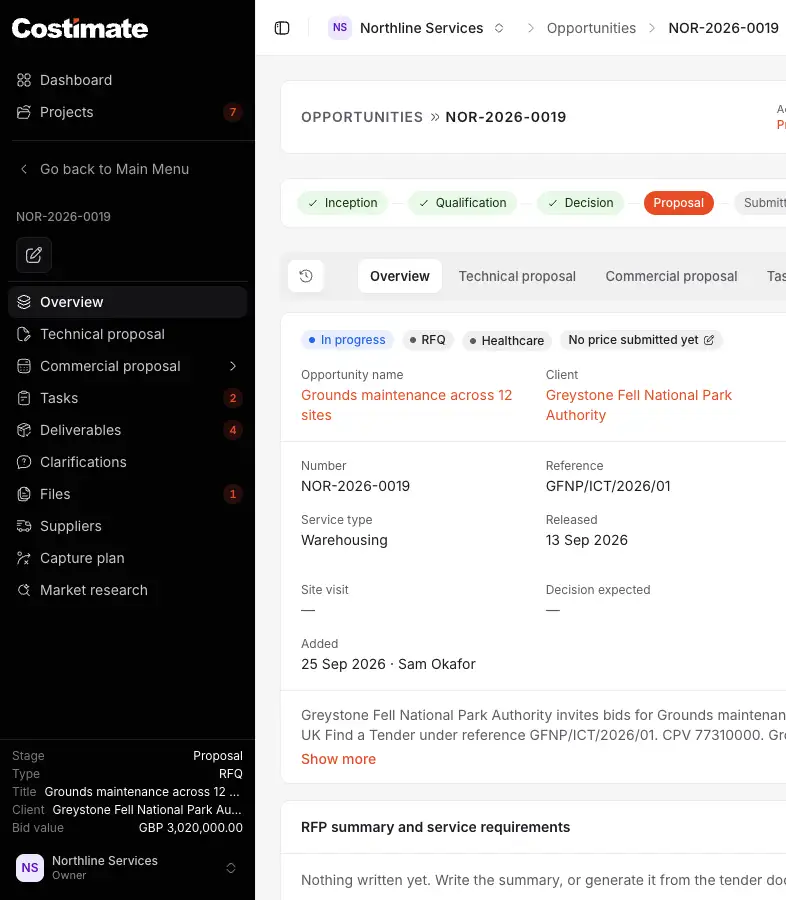 An opportunity's page, with the menu narrowed to it: the pinned items, Go back to Main Menu, its number, its actions, its tabs as pages and its figures at the foot; the top bar says where you are.