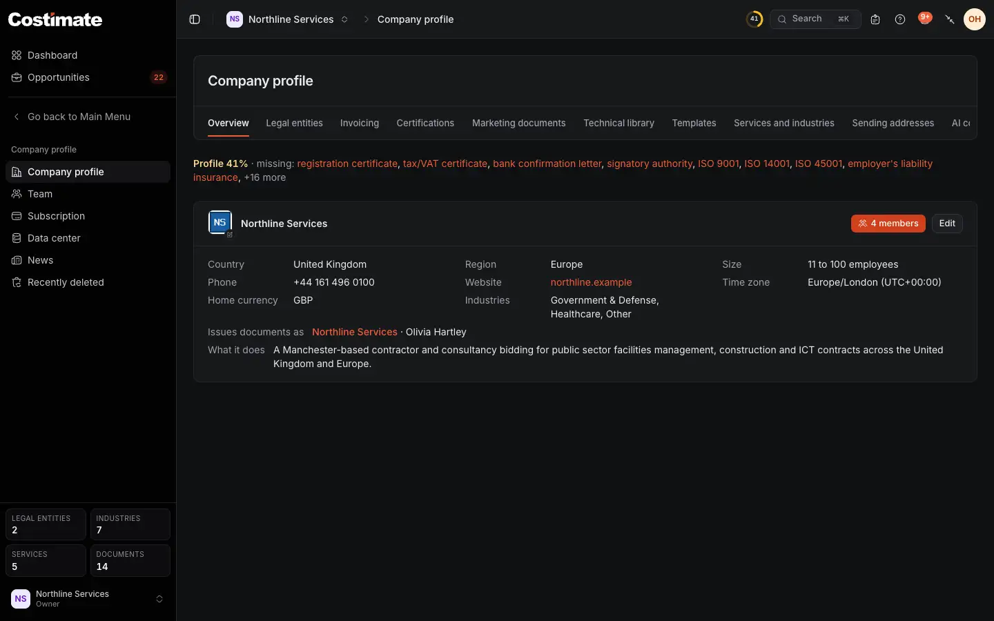 The company profile of Northline Services on its Overview: the tabs of the profile, what the profile still misses, the company's details and Edit.