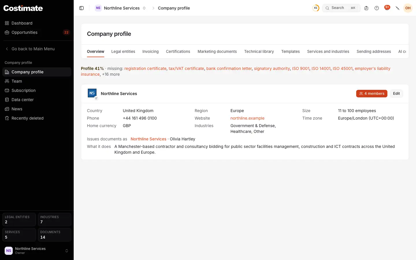The company profile of Northline Services on its Overview: the tabs of the profile, what the profile still misses, the company's details and Edit.