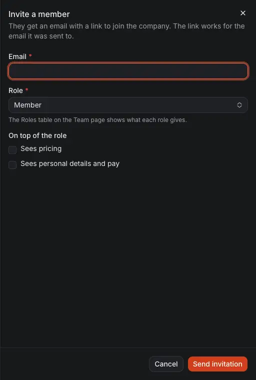 The drawer Invite a member: the email, the role, what to add on top of the role, and Send invitation.