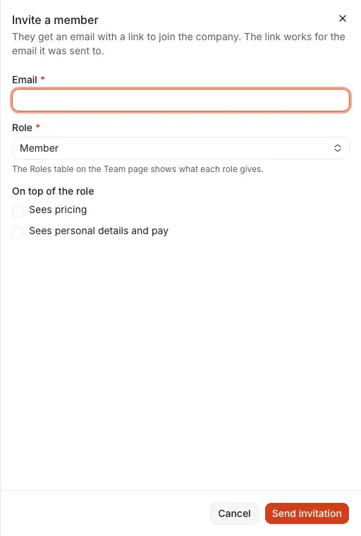 The drawer Invite a member: the email, the role, what to add on top of the role, and Send invitation.