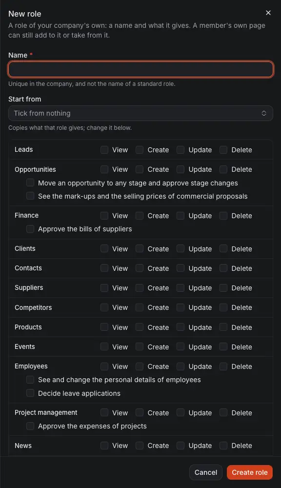 The drawer New role: its name, the role it starts from, and what it may do module by module.