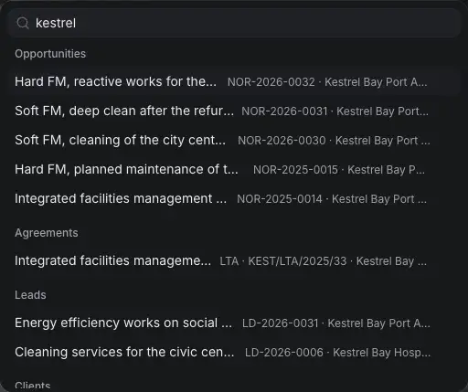 Search with "kestrel" typed: the records that match, grouped by what they are.