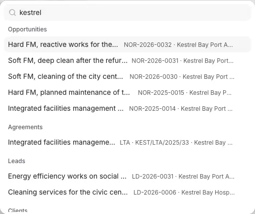Search with "kestrel" typed: the records that match, grouped by what they are.