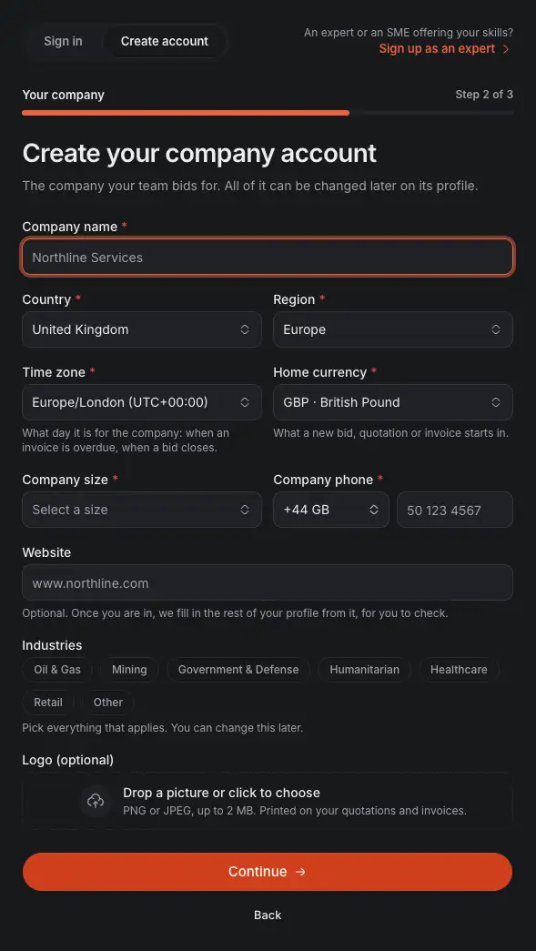 The second step of signing up, Your company: the company's name, country, time zone, currency, size, phone, website and industries, with the steps above and Continue below.