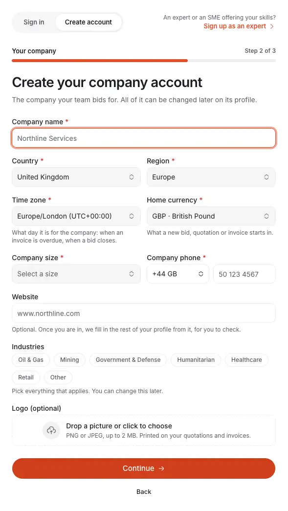 The second step of signing up, Your company: the company's name, country, time zone, currency, size, phone, website and industries, with the steps above and Continue below.