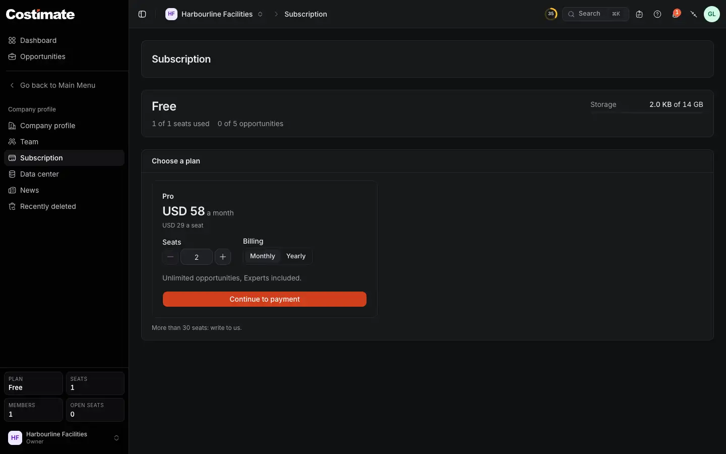 The Subscription page of a company on Free: its seat and opportunities used, and the paid plan's seats, monthly or yearly billing and Continue to payment.