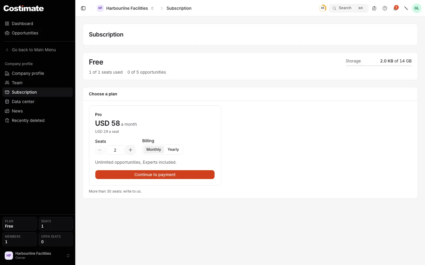 The Subscription page of a company on Free: its seat and opportunities used, and the paid plan's seats, monthly or yearly billing and Continue to payment.