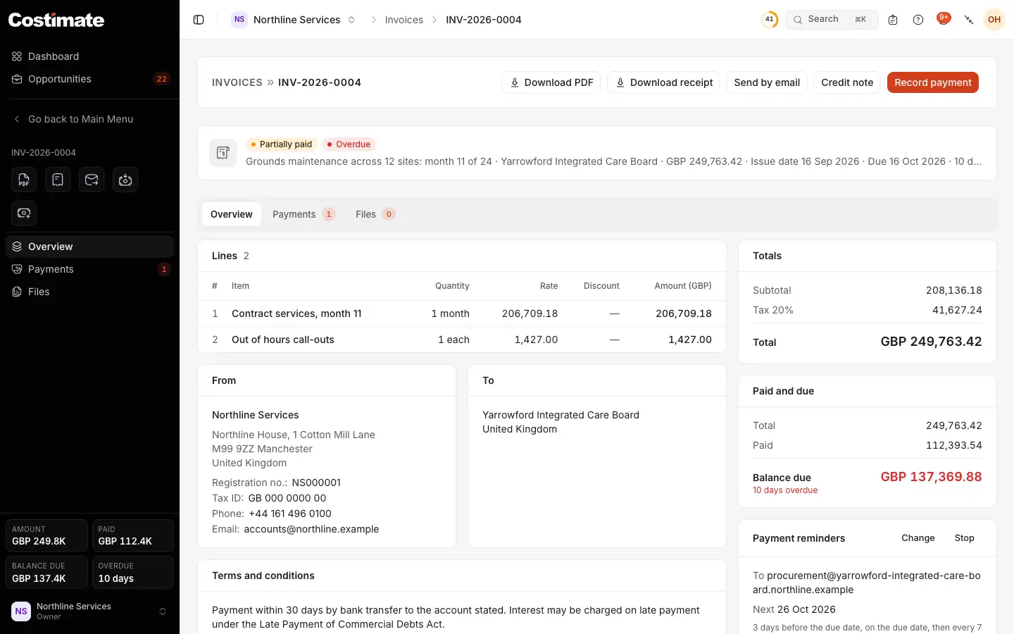 An invoice of a project, partly paid: what is paid and due, and Record payment.