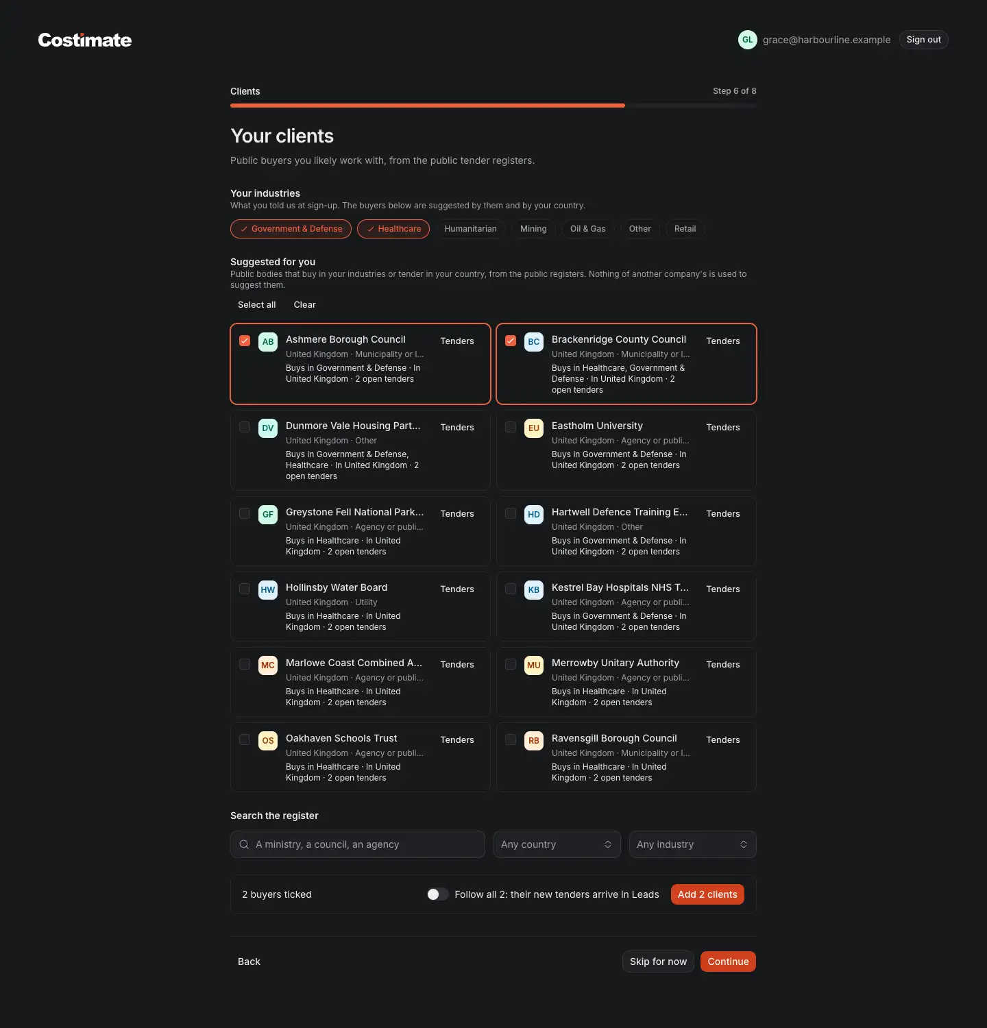 The Clients step of the welcome: the company's industries, the public buyers suggested for it with two ticked, the bar that adds them as clients, and the search of the register.