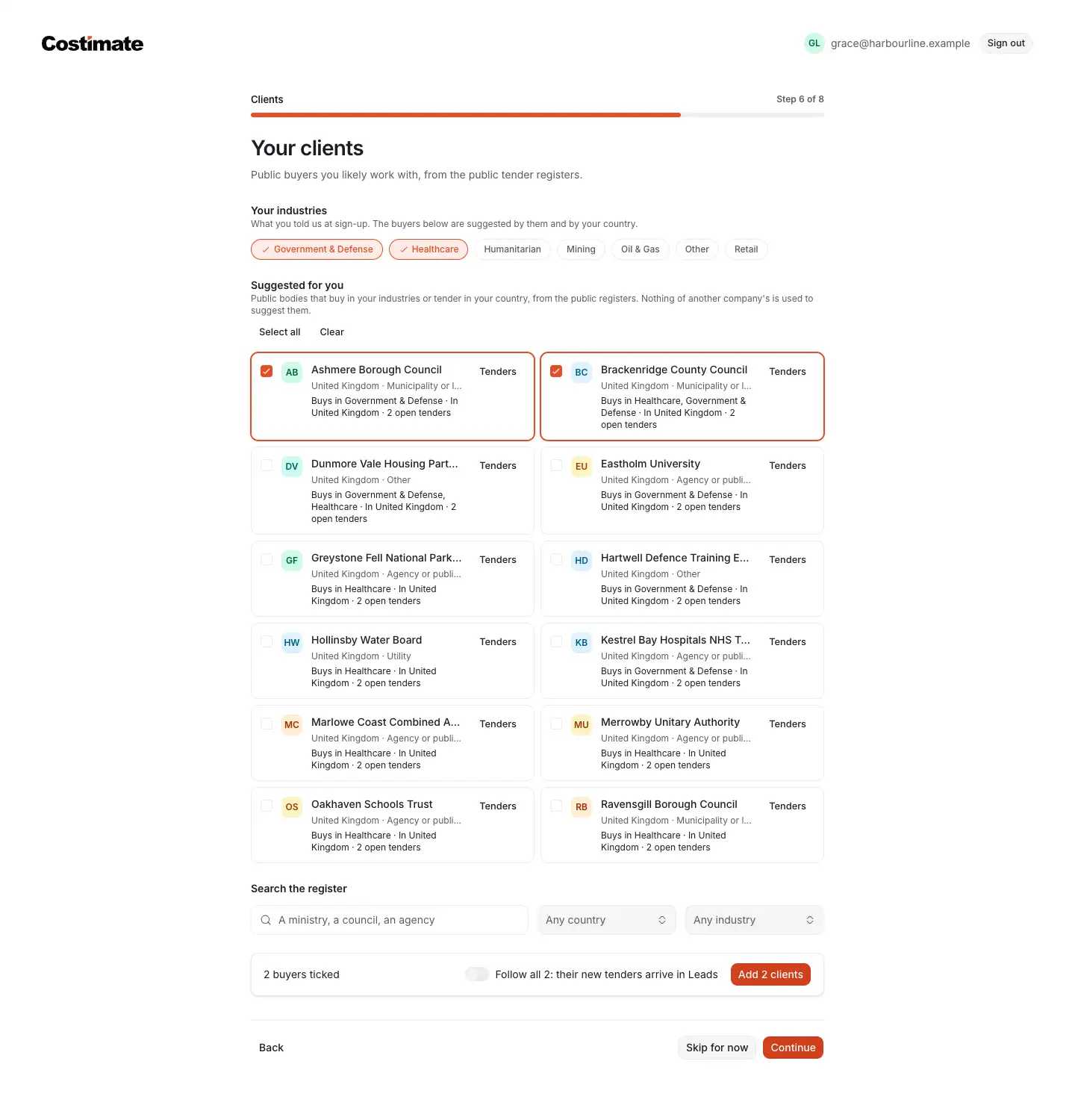 The Clients step of the welcome: the company's industries, the public buyers suggested for it with two ticked, the bar that adds them as clients, and the search of the register.