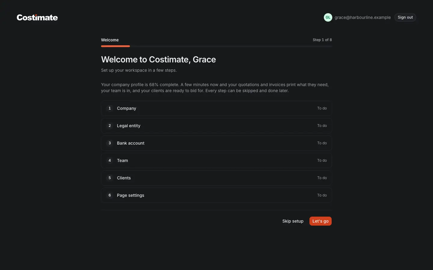 The welcome's first step: how complete the company profile is, the six steps with what is done, Skip setup and Let's go.