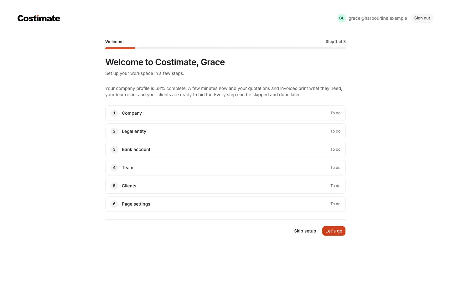 The welcome's first step: how complete the company profile is, the six steps with what is done, Skip setup and Let's go.
