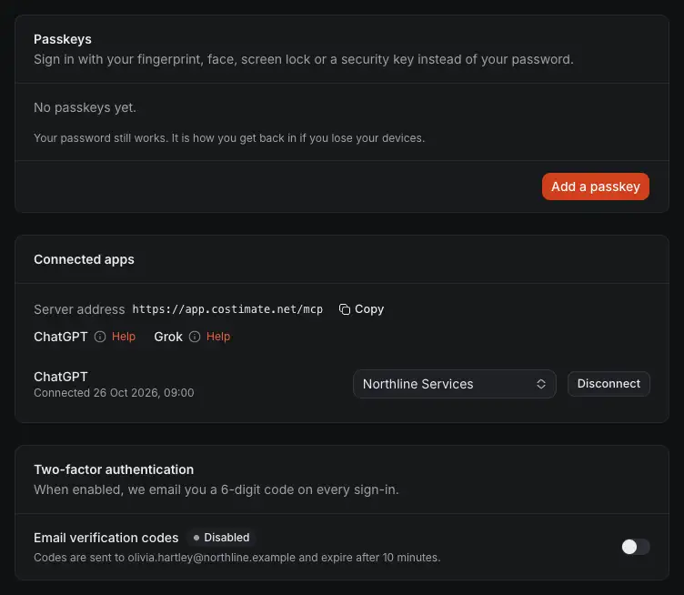 Passkeys and two-factor authentication under Settings and Security: Add a passkey, and the switch for the emailed codes.