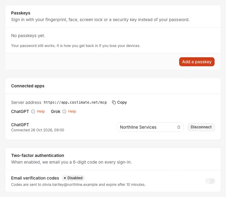 Passkeys and two-factor authentication under Settings and Security: Add a passkey, and the switch for the emailed codes.
